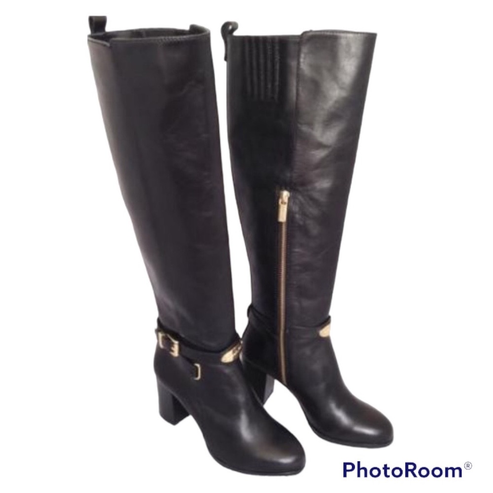 MICHAEL KORS ARLEY BLACK LEATHER BTK BOOTS WITH 3” HEEL EUC Sz 9 M GOLD HARDWARE